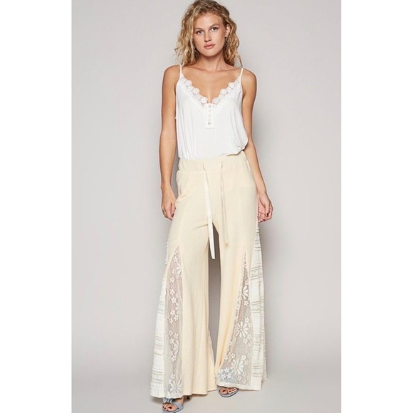 POL Pants - POL Lace Contrast Wide Leg Romantic Boho Pants in Ivory